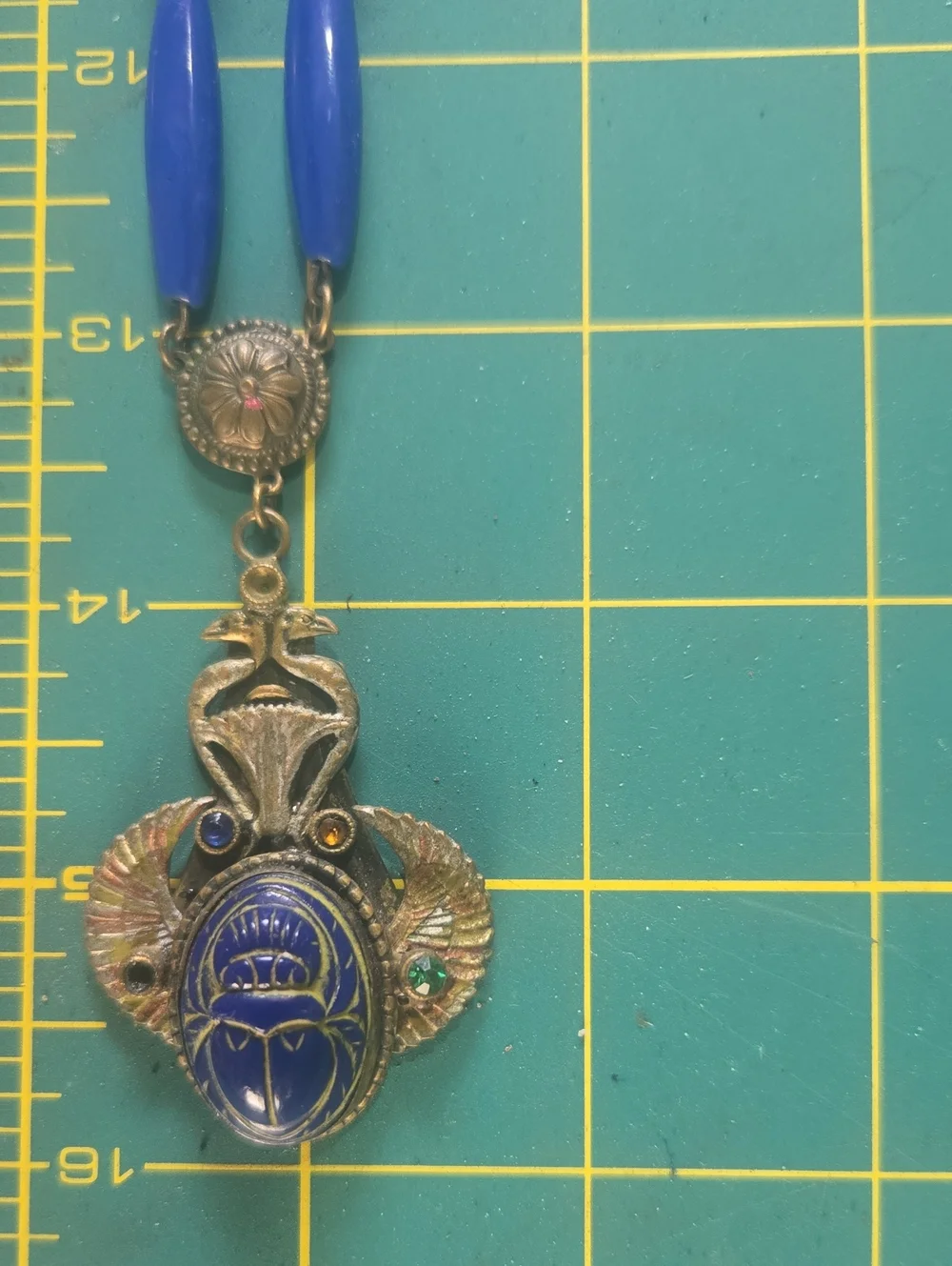 Egyptian Revival DECO Vtg NEIGER BROS Czech Blue GLASS Scarab PENDANT NECKLACE
